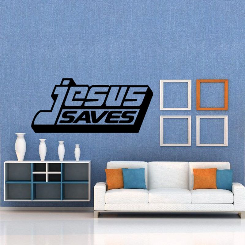 Jesus Saves wall text decal, black and white with orange accents