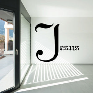 Jesus script text wall decal with bold black cursive J and small Jesus lettering