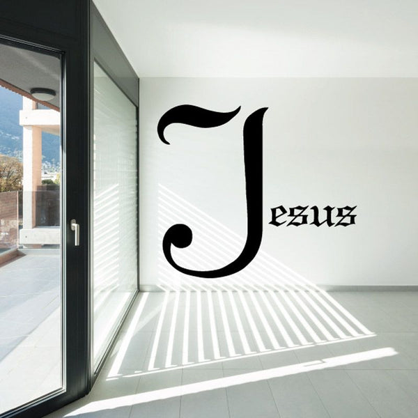 Jesus script text wall decal with bold black cursive J and small Jesus lettering