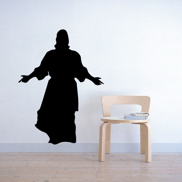 Black Jesus silhouette decal with open arms, full-body wall sticker