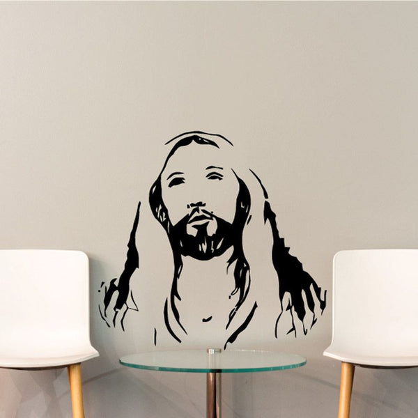 Religious Jesus wall decal with long hair, beard, and raised hands