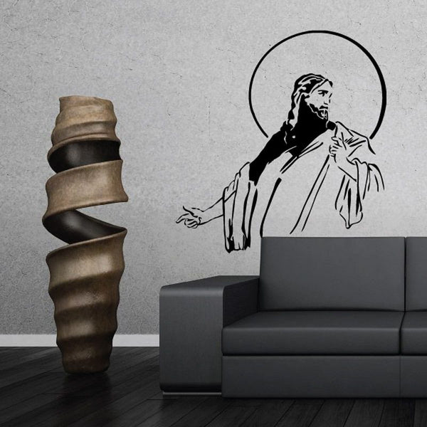 Religious wall decal with black Jesus silhouette and circular halo sun behind
