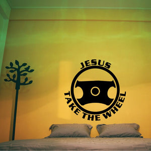 Black wall decal with Jesus wheel icon and 'TAKE THE WHEEL' text