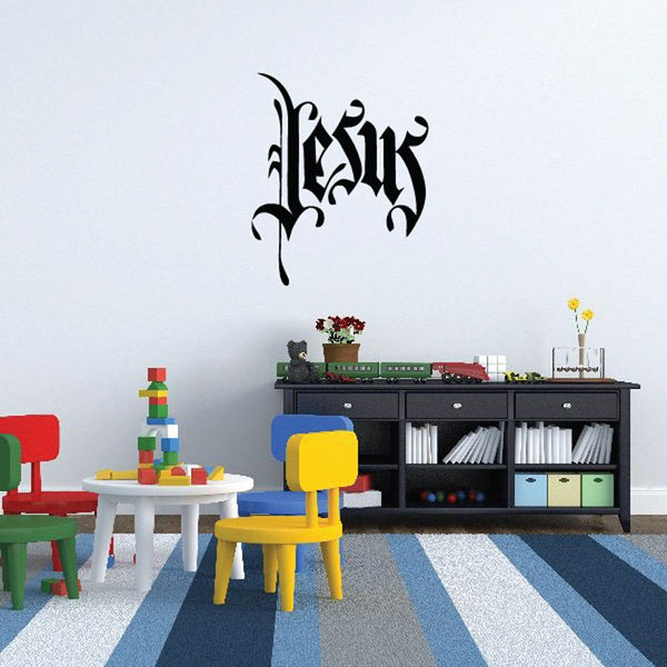 Black gothic Jesus wall decal with ornate lettering