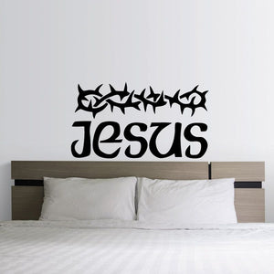 Jesus text decal with crown of thorns above, black lettering