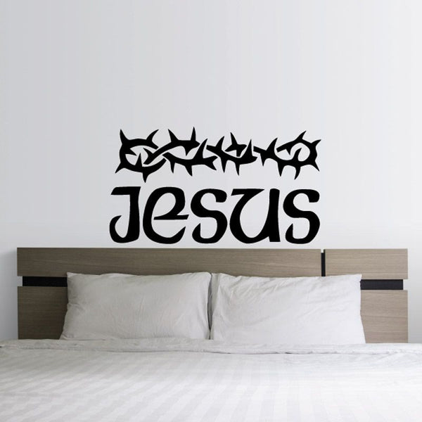 Jesus text decal with crown of thorns above, black lettering