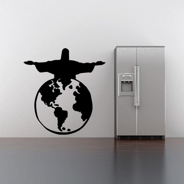 Black silhouette globe wall decal with outstretched-armed Jesus over the world