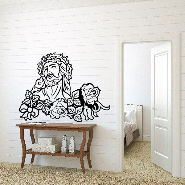 Jesus portrait decal wrapped with roses and flowers in black line art