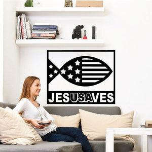 Fish-shaped wall decal with stars and stripes, reading JESUSAves in bold letters.