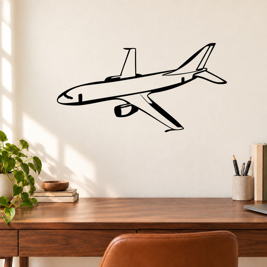 Small airliner wall decal, black outline airplane in side profile