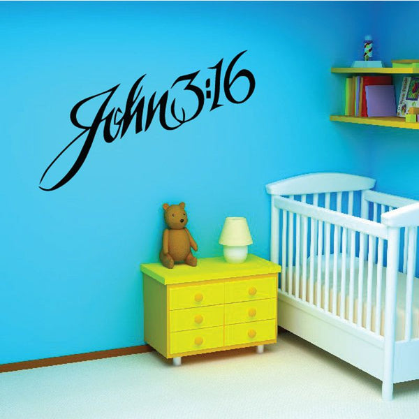 John 3:16 script vinyl wall decal, black lettering in flowing cursive
