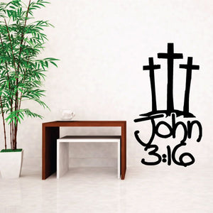 Black decal with three crosses and John 3:16 lettering