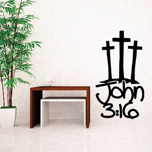 Black decal with three crosses and John 3:16 lettering