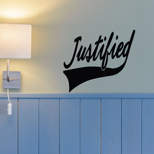 Black Justified script wall decal with curved banner bottom