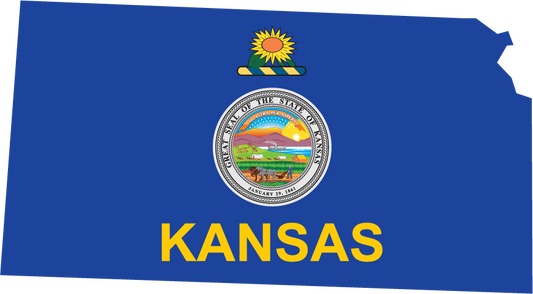 Kansas state flag sticker with sun emblem and bold KANSAS text
