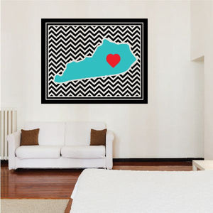 Kentucky outline sticker with turquoise shape and red heart on black chevron border