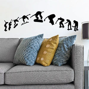 Skateboarding decal set with black silhouettes of kickflip trick figures