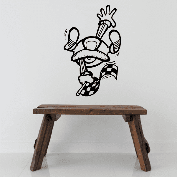Cartoon character flag decal sticker in black outline, kid style