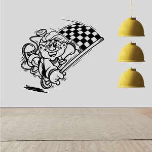 Black-and-white cartoon kid holding a checkered flag wall decal