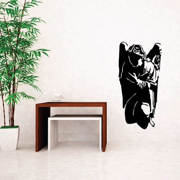 Kneeling praying angel wall decal, black silhouette figure kneeling and praying