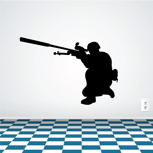 Kneeling sniper aiming decal with black silhouette and rifle scope
