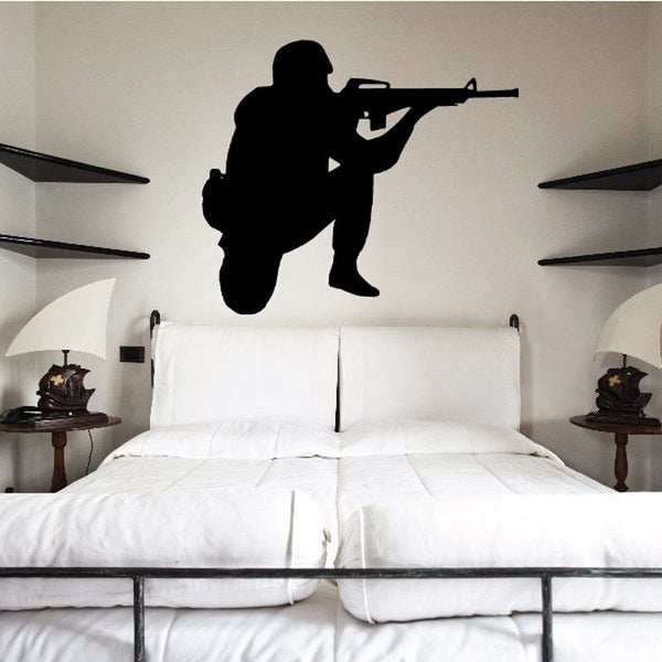 Kneeling soldier rifle veteran wall decal silhouette, black figure holding rifle