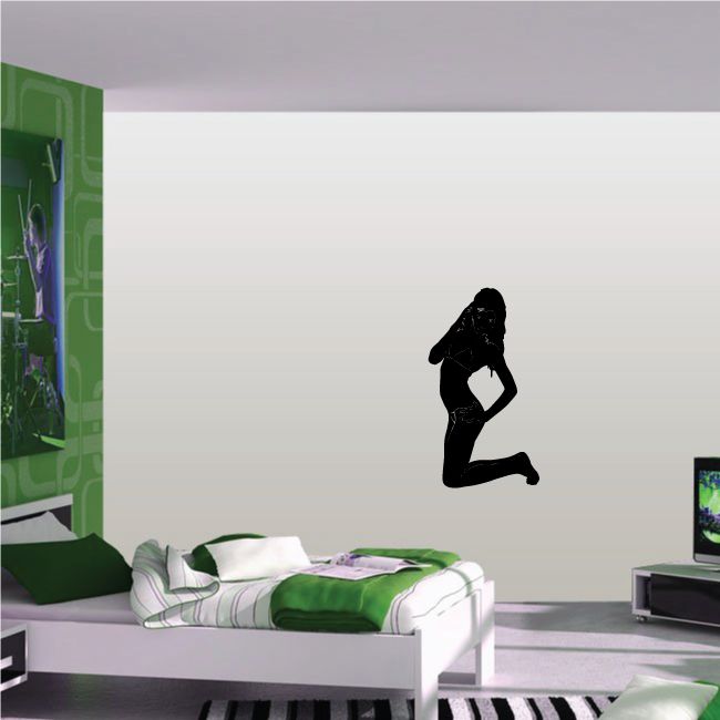 Black kneeling bikini silhouette decal of a woman, kneeling with hands behind