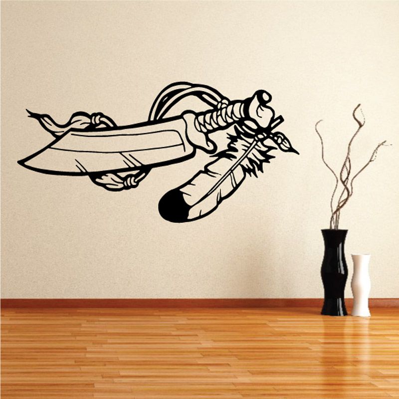 Knife and feather wall decal, black outline design