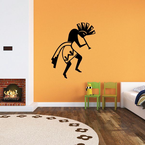 Kokopelli wall decal, black silhouette with skirt and headdress