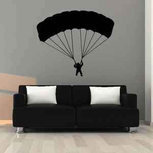 Landing parachuting decal with black parachute canopy and small landing figure silhouette