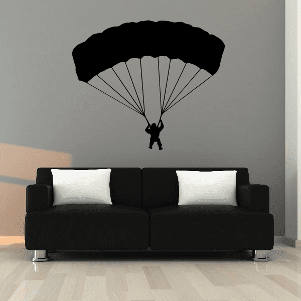 Landing parachuting decal with black parachute canopy and small landing figure silhouette