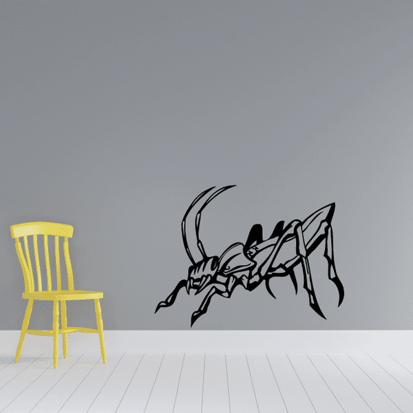 Lanky grasshopper beetle wall decal in black, detailed insect outline