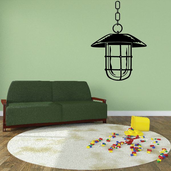 Black hanging lantern wall decal with metal chain and cage-style glass