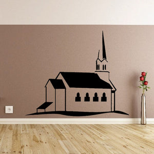 Church wall decal with detailed building and tall steeple, black silhouette