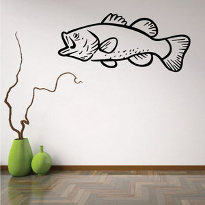 Large mouth bass fish wall decal, black line drawing on white surface