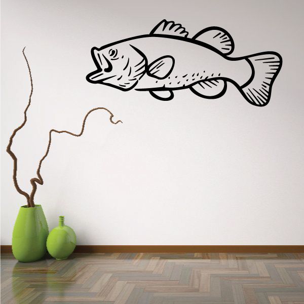 Large mouth bass fish wall decal, black line drawing on white surface