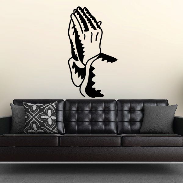Praying hands decal with bold black outline, detailed praying hands silhouette