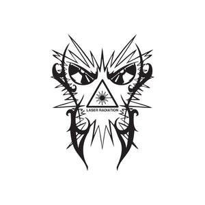 Laser radiation skull decal with stylized eyes and warning text