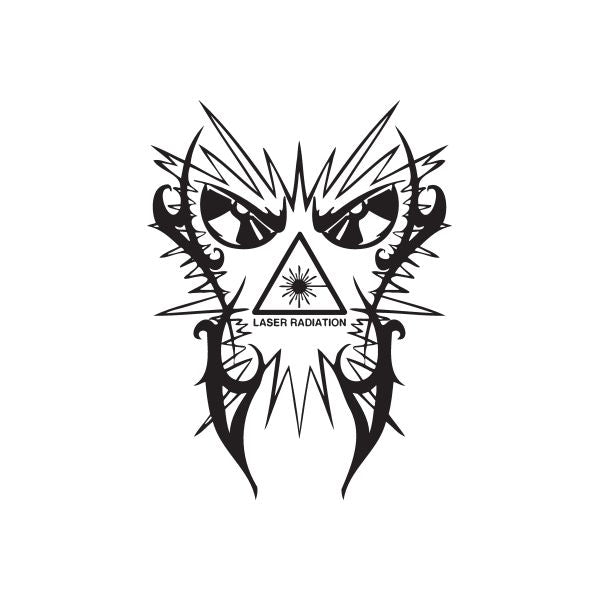 Laser radiation skull decal with stylized eyes and warning text