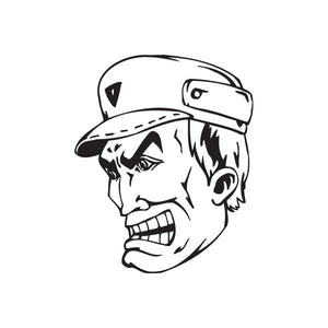 Laughing officer face decal with cartoon man in cap, black and white