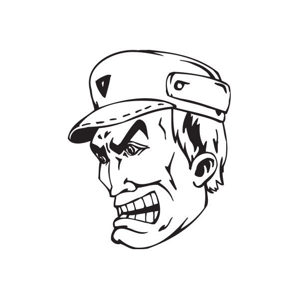 Laughing officer face decal with cartoon man in cap, black and white