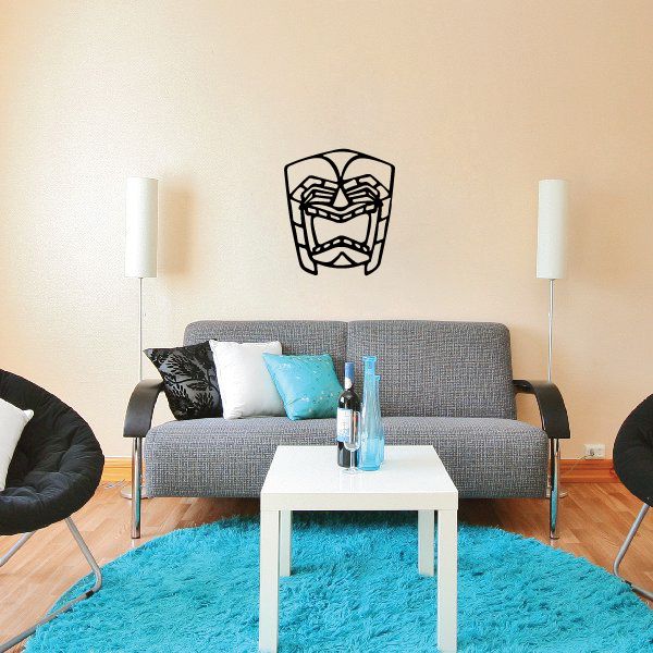 Laughing tiki wall decal, black line-art face with smiling mask