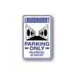 Laundromat parking only sticker with arrows, laundry machines icon, 'Violators will be spun dry'