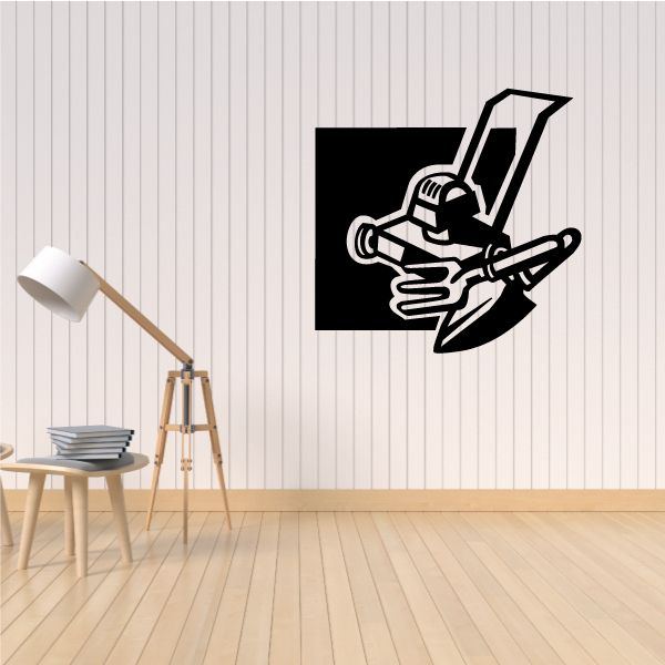 Black garden tools wall decal with white lawnmower icon