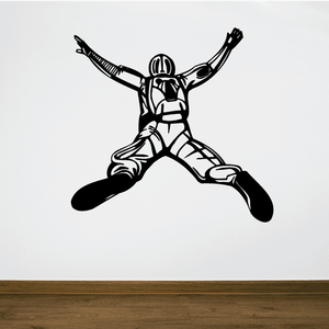 Skydiving decal of a leaping skydiver with arms out and legs bent, monochrome line art