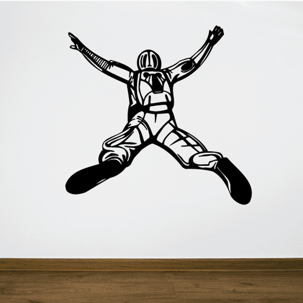 Skydiving decal of a leaping skydiver with arms out and legs bent, monochrome line art