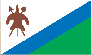 Lesotho flag sticker with diagonal blue and green bands and brown emblem