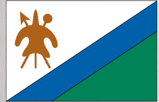 Lesotho flag sticker, brown coat of arms on white with blue and green diagonal halves