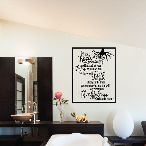 Square wall decal with black border and scripture text, Roots and Faith design