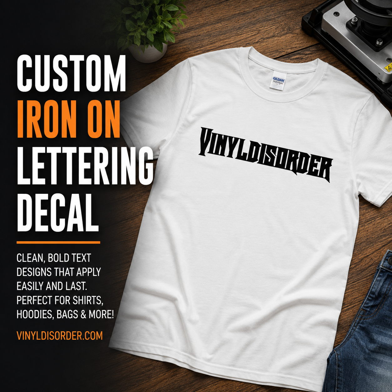 Iron-on lettering decal with black stylized text on a white short-sleeve shirt